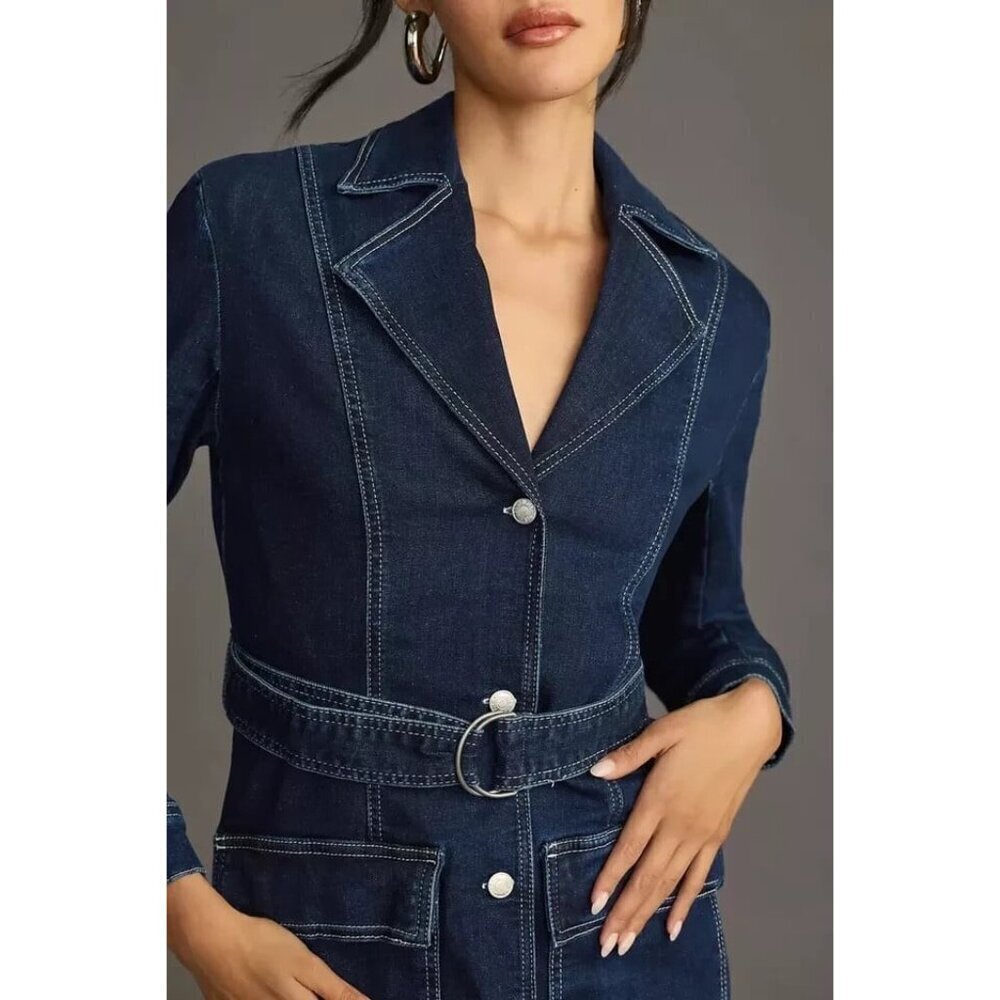 Pilcro Anthropologie Denim Belted Jean Blazer Dress Size M Coat Jacket - Picture 2 of 7